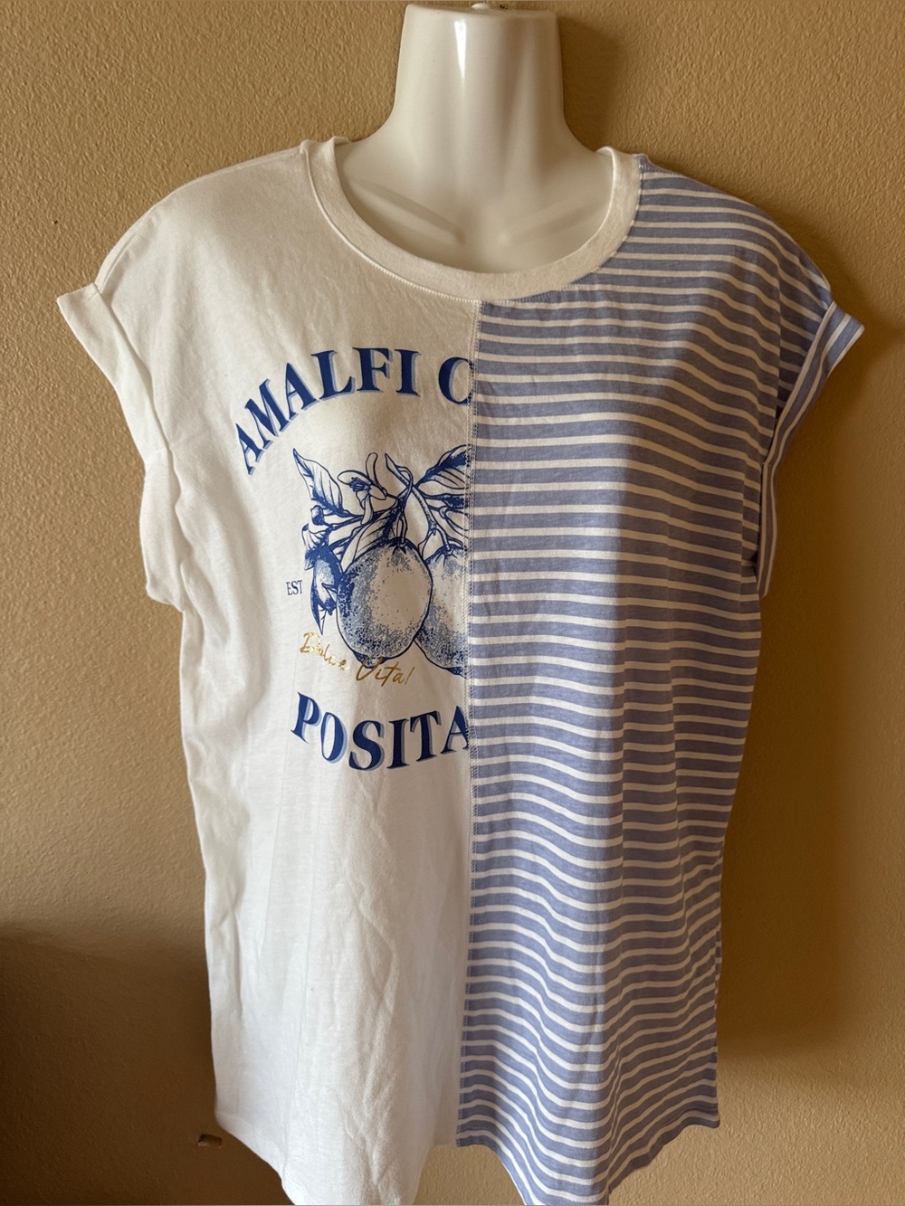 Oak & Trellis Soft Cotton Blend Tee with Light Blue Stripe Detail
